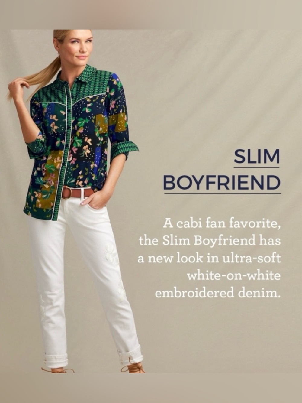 CAbi Slim Boyfriend White Floral Embroidered Denim Low Rise Jeans - Size 2